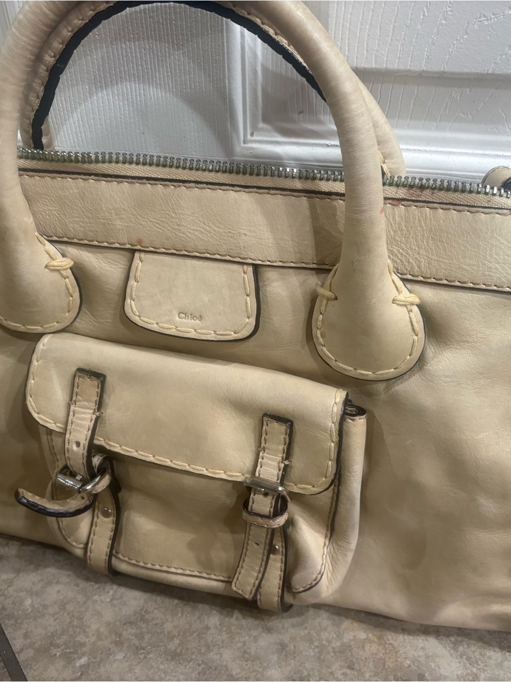 Cream Leather Top-Handle Satchel